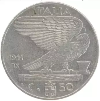 Монета 50 чентезимо Италии 1941 года Медно-никель Витторио Эммануил III