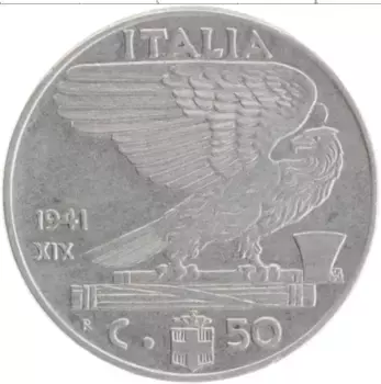 Монета 50 чентезимо Италии 1941 года Медно-никель Витторио Эммануил III
