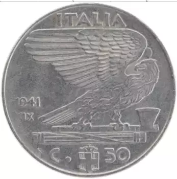 Монета 50 чентезимо Италии 1941 года Железо Виктор Эммануил III