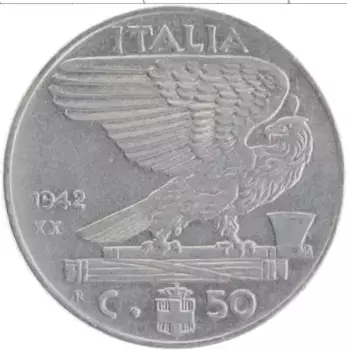 Монета 50 чентезимо Италии 1942 года Медно-никель Виктор Эммануил III