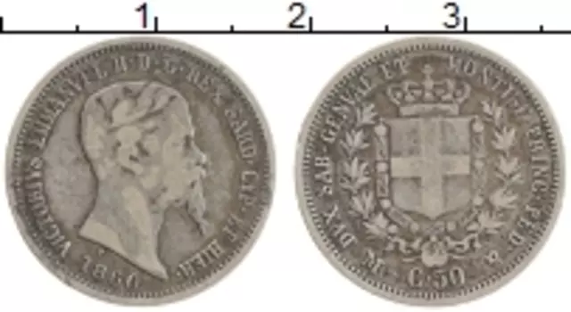 Монета 50 чентезимо Сардинии 1860 года Серебро Виктор Эммануил II