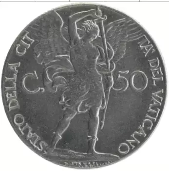 Монета 50 чентезимо Ватикана 1941 года Железо Пий XII