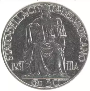 Монета 50 чентезимо Ватикана 1942 года Железо Пий XII