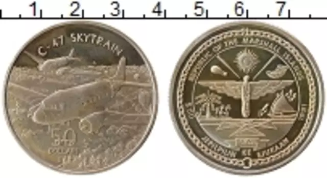Монета 50 долларов Маршалловых островов 1991 года Серебро Самолет C-47 SKYTRAIN
