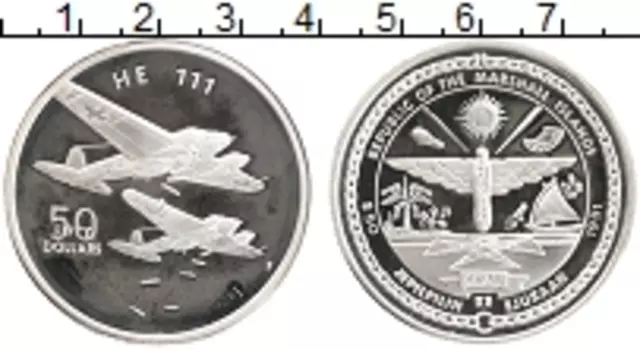 Монета 50 долларов Маршалловых островов 1991 года Серебро Самолеты Второй мировой войны