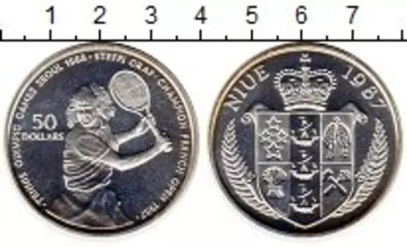 Монета 50 долларов Ниуэ 1987 года Серебро Олимпийские игры, теннис, Штеффи Граф