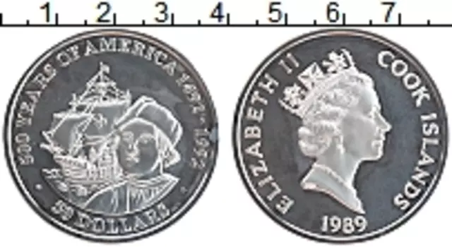 Монета 50 долларов Островов Кука 1989 года Серебро 500 лет открытия Америки