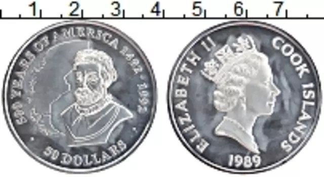 Монета 50 долларов Островов Кука 1989 года Серебро 500 лет открытия Америки