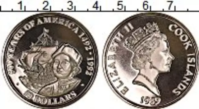 Монета 50 долларов Островов Кука 1989 года Серебро 500 лет открытия Америки, Христофор Колумб