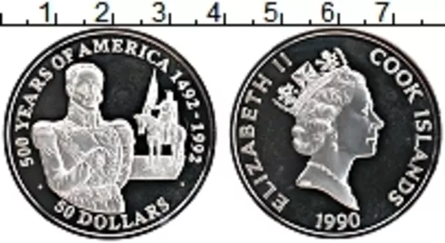 Монета 50 долларов Островов Кука 1990 года Серебро 500 лет открытия Америки