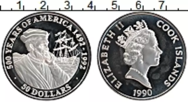 Монета 50 долларов Островов Кука 1990 года Серебро 500 лет открытия Америки