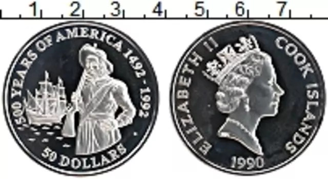 Монета 50 долларов Островов Кука 1990 года Серебро 500 лет открытия Америки