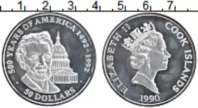 Монета 50 долларов Островов Кука 1990 года Серебро 500 лет открытия Америки