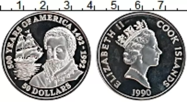 Монета 50 долларов Островов Кука 1990 года Серебро 500 лет открытия Америки