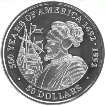 Монета 50 долларов Островов Кука 1990 года Серебро 500 лет открытию Америки - Васко Нуньес де Бальбоа
