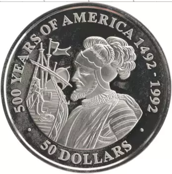 Монета 50 долларов Островов Кука 1991 года Серебро 500 лет открытию Америки - Васко Нуньес де Бальбоа