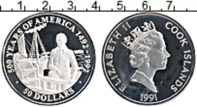 Монета 50 долларов Островов Кука 1991 года Серебро 500 лет открытия Америки