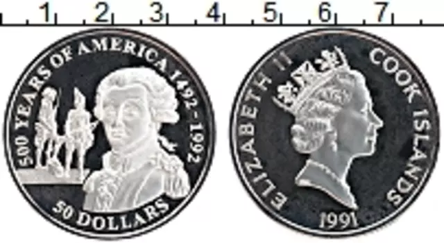 Монета 50 долларов Островов Кука 1991 года Серебро 500 лет открытия Америки