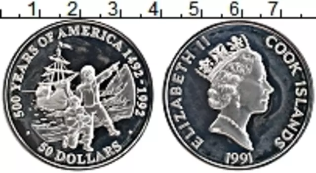 Монета 50 долларов Островов Кука 1991 года Серебро 500 лет открытия Америки