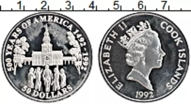 Монета 50 долларов Островов Кука 1992 года Серебро 500 лет открытия Америки