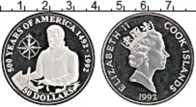 Монета 50 долларов Островов Кука 1992 года Серебро 500 лет открытия Америки
