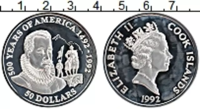 Монета 50 долларов Островов Кука 1992 года Серебро 500 лет открытия Америки