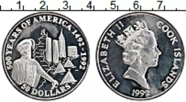 Монета 50 долларов Островов Кука 1992 года Серебро 500 лет открытия Америки