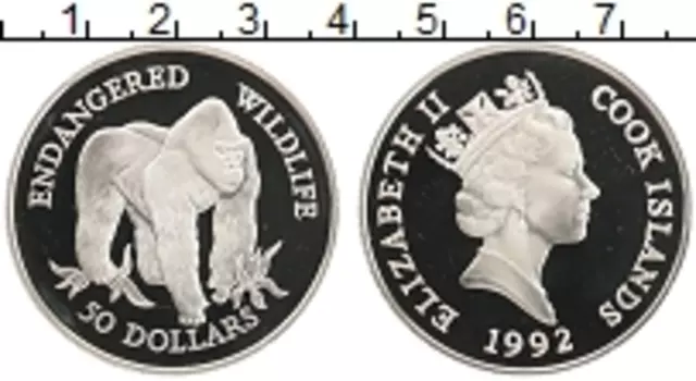 Монета 50 долларов Островов Кука 1992 года Серебро Сохранение животного мира