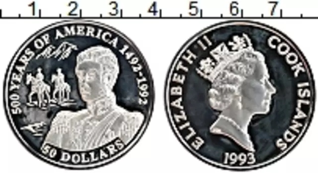 Монета 50 долларов Островов Кука 1993 года Серебро 500 лет открытия Америки