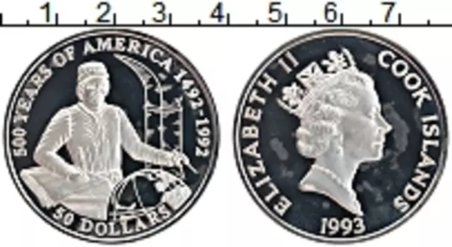 Монета 50 долларов Островов Кука 1993 года Серебро 500 лет открытия Америки