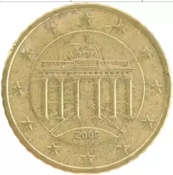 Монета 50 евроцентов Германии 2002 года Латунь D