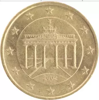 Монета 50 евроцентов Германии 2002 года Латунь Бранденбургские ворота J