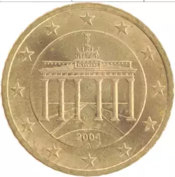 Монета 50 евроцентов Германии 2004 года Латунь Бранденбургские ворота A