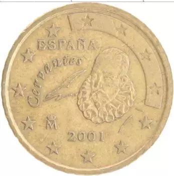 Монета 50 евроцентов Испании 2001 года Латунь Мигель де Сервантес