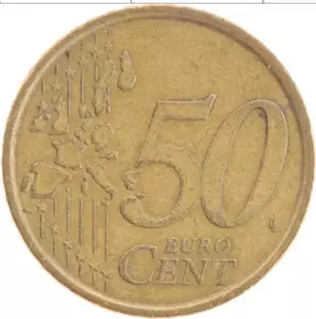 Монета 50 евроцентов Италии 2002 года Латунь