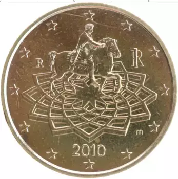 Монета 50 евроцентов Италии 2010 года Латунь