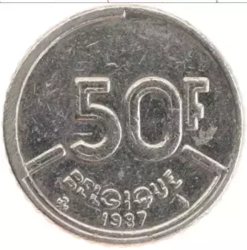 Монета 50 франков Бельгии 1987 года Медно-никель Король Бодуэн