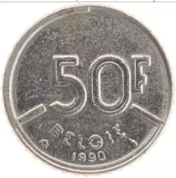 Монета 50 франков Бельгии 1990 года Медно-никель Король Бодуэн