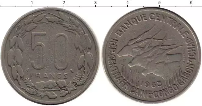 Монета 50 франков Центральной Африки 1965 года Медно-никель Антилопы