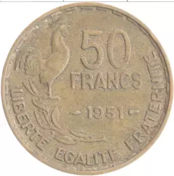Монета 50 франков Франции 1951 года Бронза