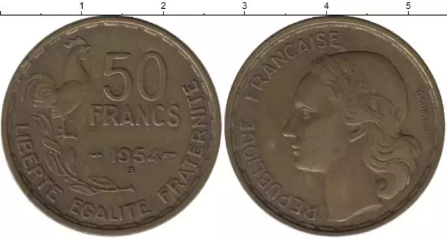 Монета 50 франков Франции 1951 года Латунь