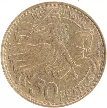 Монета 50 франков Монако 1950 года Бронза Ранье III