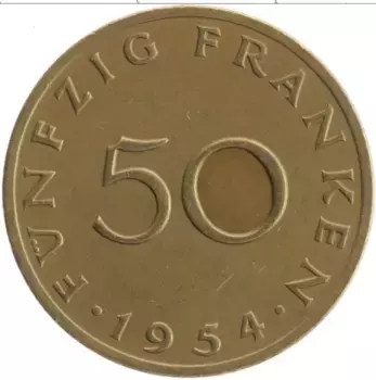 Монета 50 франков Саара 1954 года Бронза