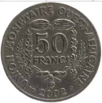 Монета 50 франков Западной Африки 2002 года Медно-никель