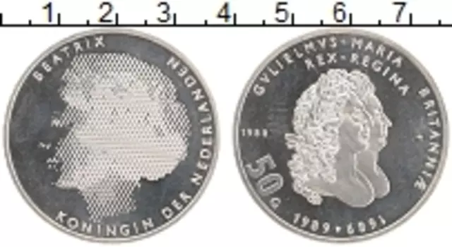Монета 50 гульденов Нидерланд 1988 года Серебро 300 лет начала правления Вильгельма и Марии