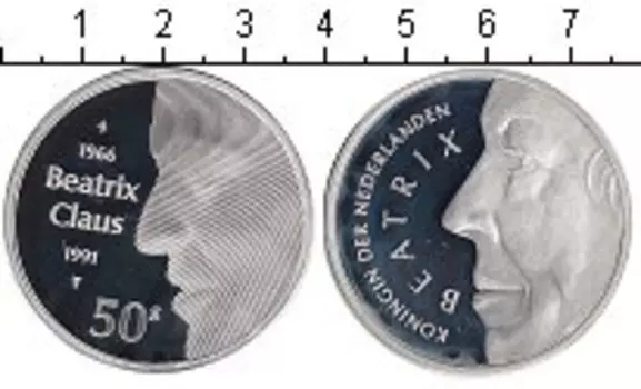 Монета 50 гульденов Нидерланд 1991 года Серебро
