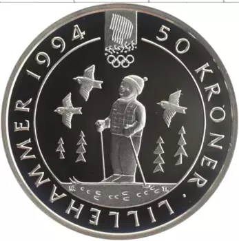 Монета 50 крон Норвегии 1991 года Серебро Олимпийские игры