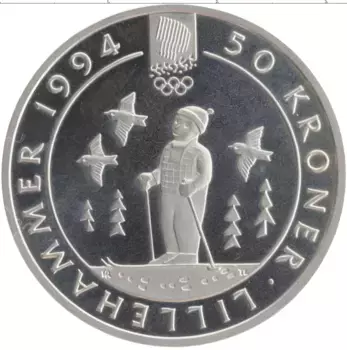 Монета 50 крон Норвегии 1991 года Серебро XVII Зимние олимпийские игры, Лиллехаммере