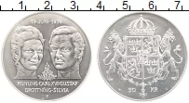 Монета 50 крон Швеции 1976 года Серебро Свадьба короля Карла XVI Густава и королевы Сильвии