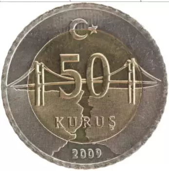Монета 50 куруш Турции 2009 года Биметалл Кемаль Ататюрк